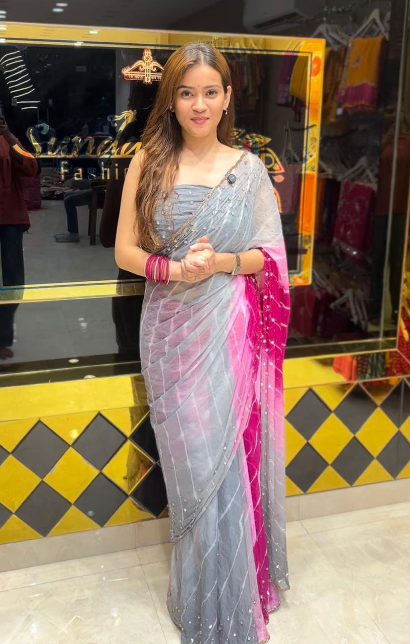 Grey Pink Celebrity Style Handcrafted Saree (374)