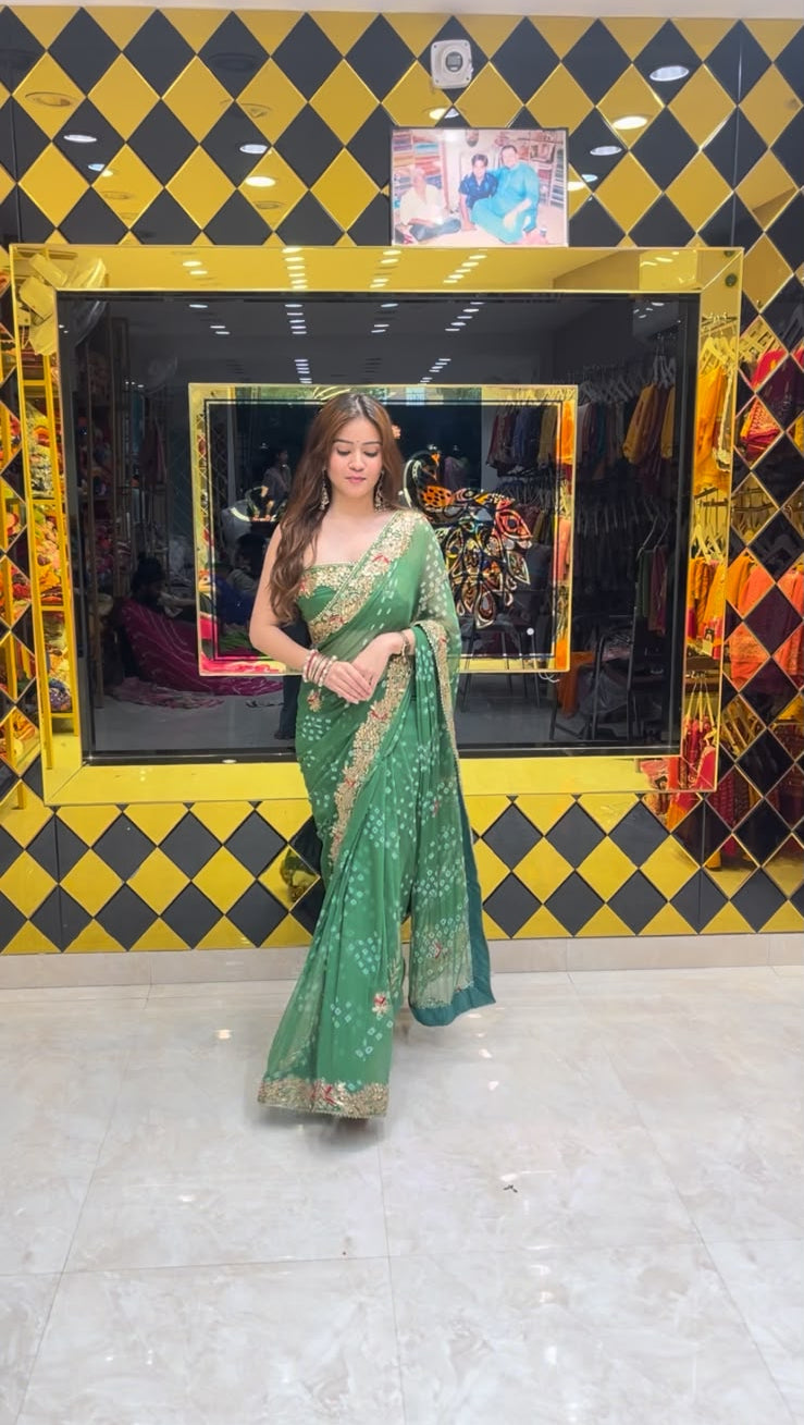 Green Gotapati Bandhej Handcrafted Saree (382)