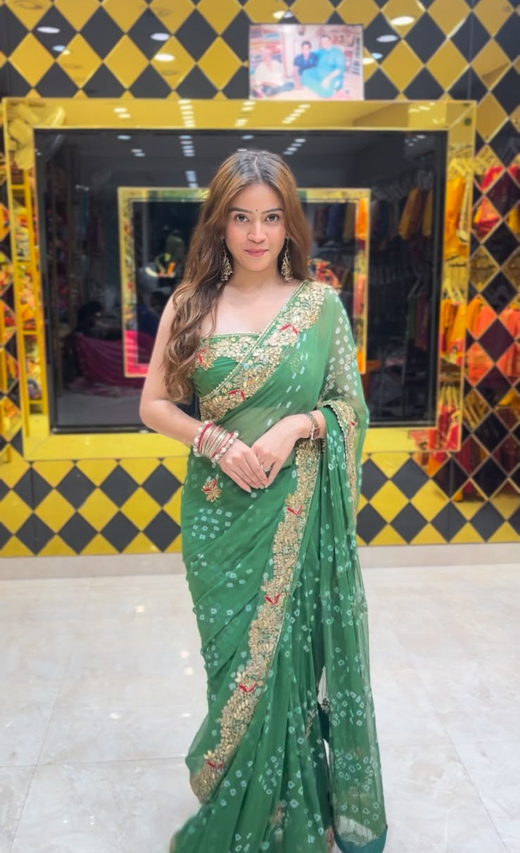 Green Gotapati Bandhej Handcrafted Saree (382)