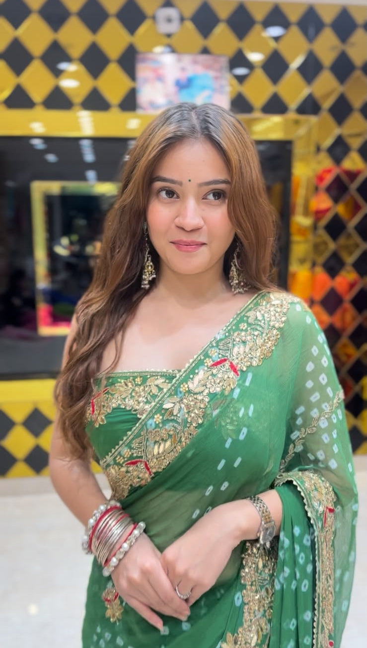 Green Gotapati Bandhej Handcrafted Saree (382)