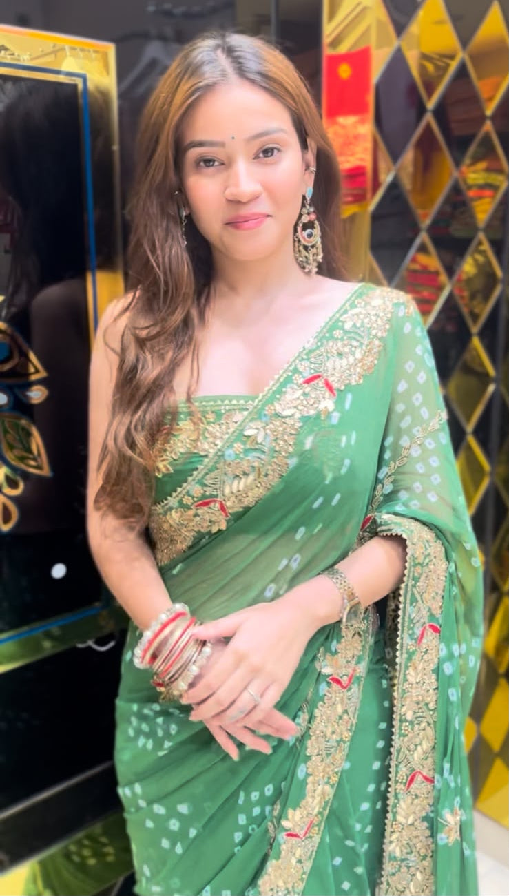 Green Gotapati Bandhej Handcrafted Saree (382)