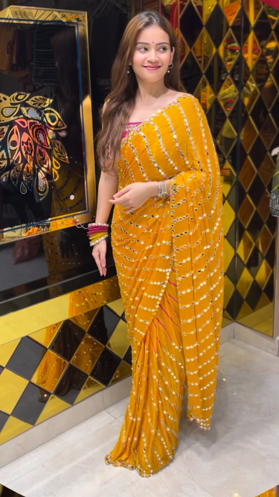 Yellow Mirror Lehriya Handcrafted Saree (383)