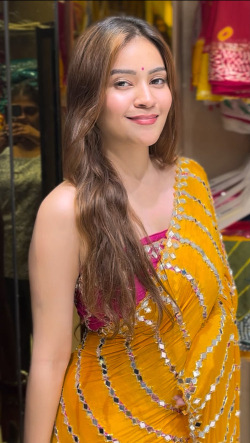 Yellow Mirror Lehriya Handcrafted Saree (383)