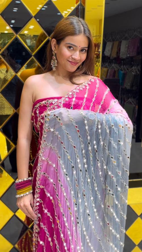 Dual Shade Mirror Lehriya Handcrafted Saree (384)
