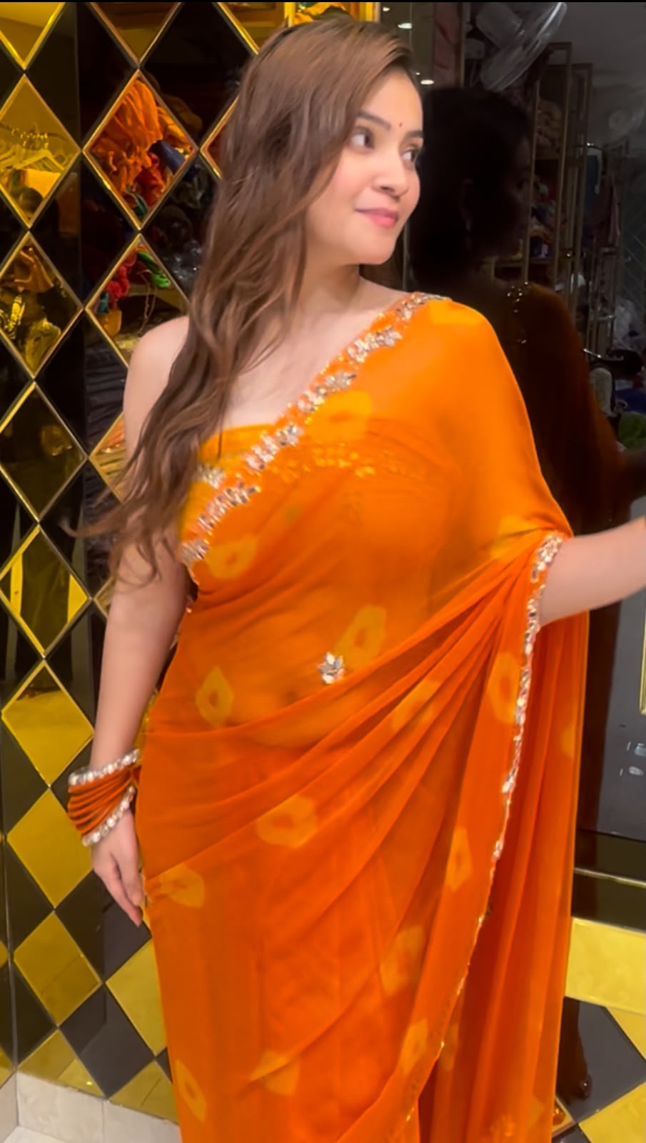 Orange Pearl & Mirror Handmade Bandhej Saree (S69)