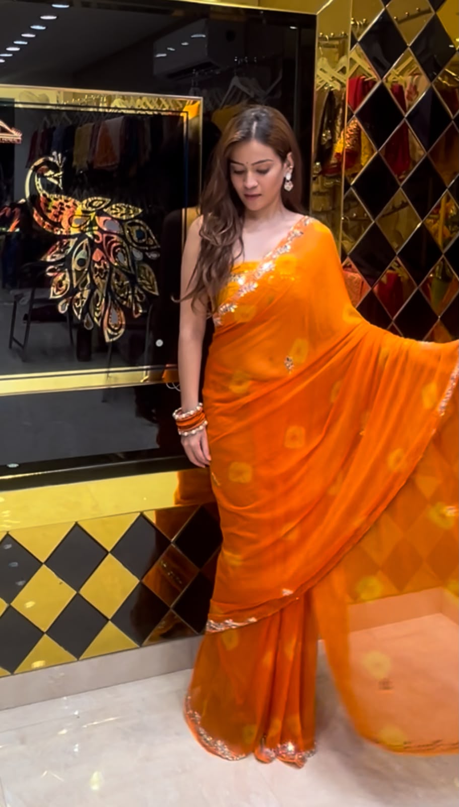 Orange Pearl & Mirror Handmade Bandhej Saree (S69)