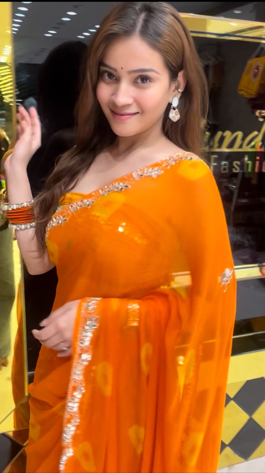 Orange Pearl & Mirror Handmade Bandhej Saree (S69)