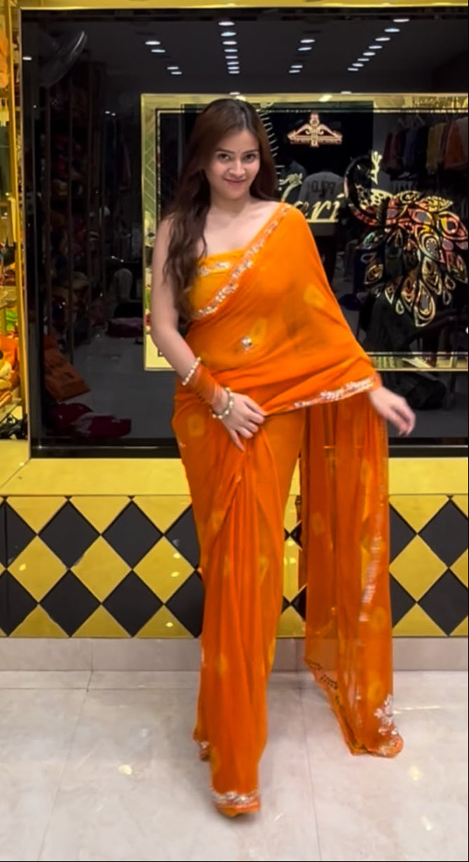 Orange Pearl & Mirror Handmade Bandhej Saree (S69)