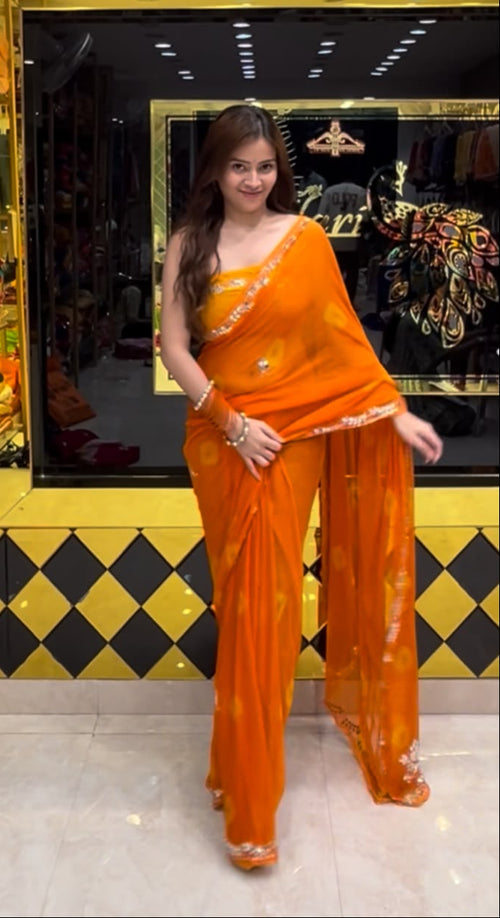 Orange Pearl & Mirror Handmade Bandhej Saree (S69)