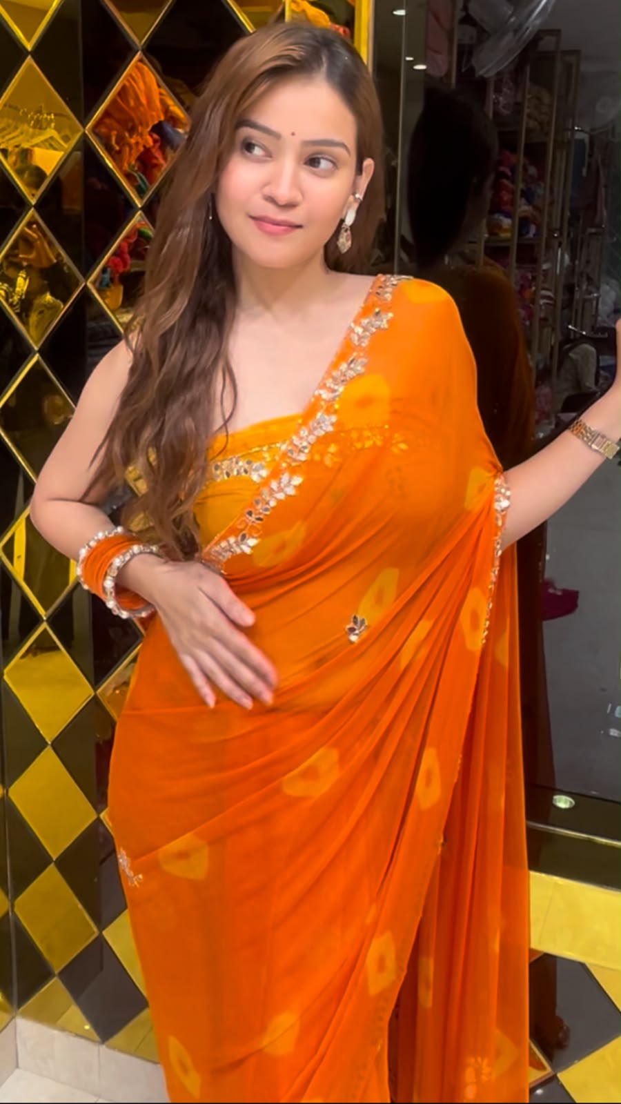Orange Pearl & Mirror Handmade Bandhej Saree (S69)