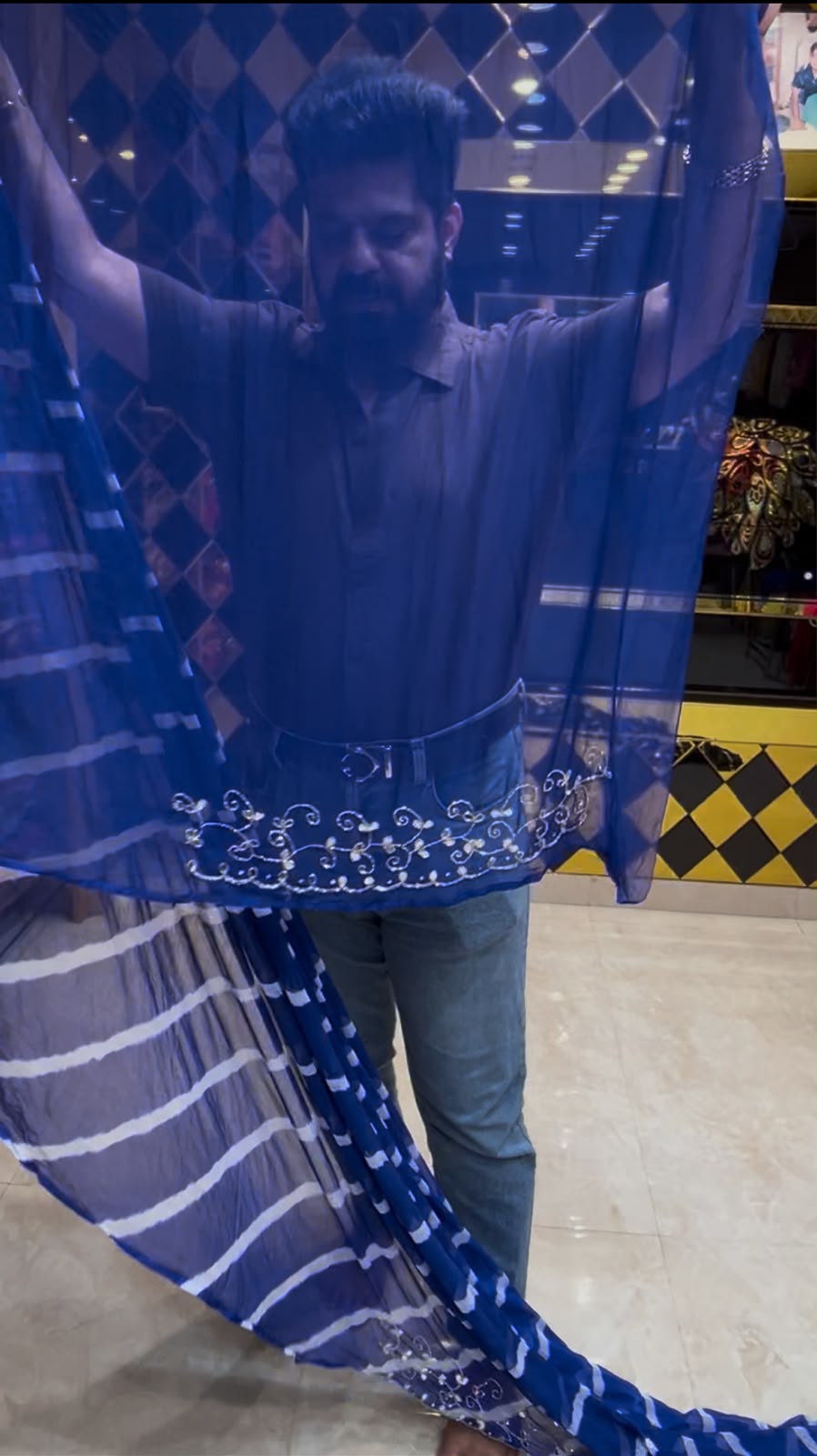 Blue Lehriya Mirror & Katdana Handcrafted Saree (S73)