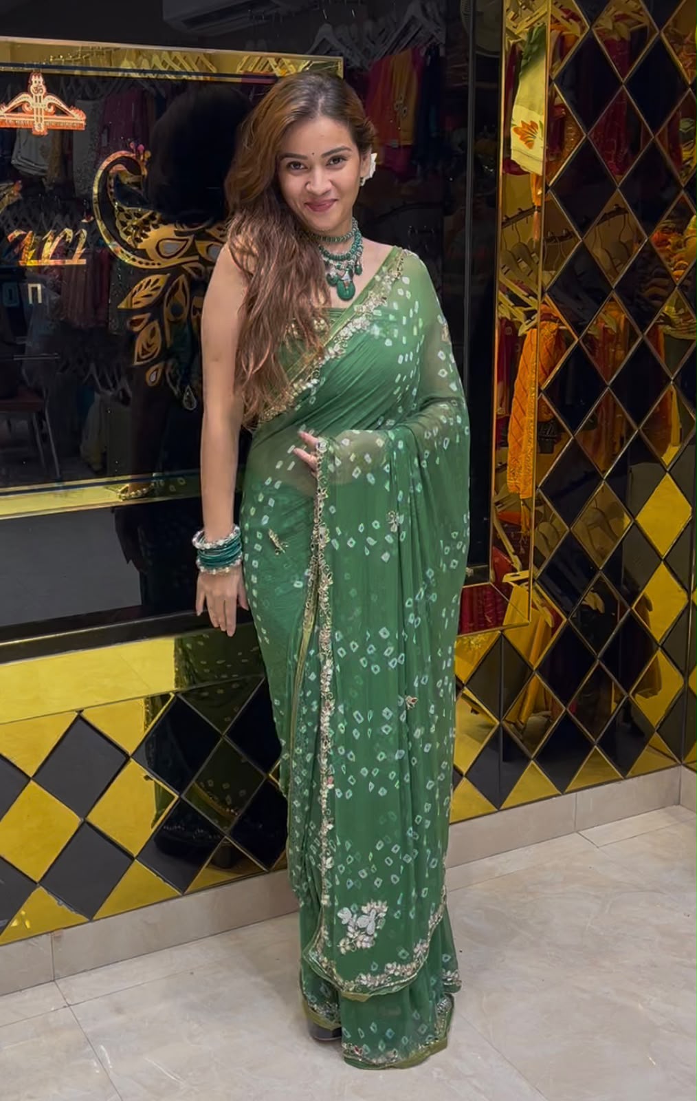 Green Bandhej Mirror Designer Saree (S74)