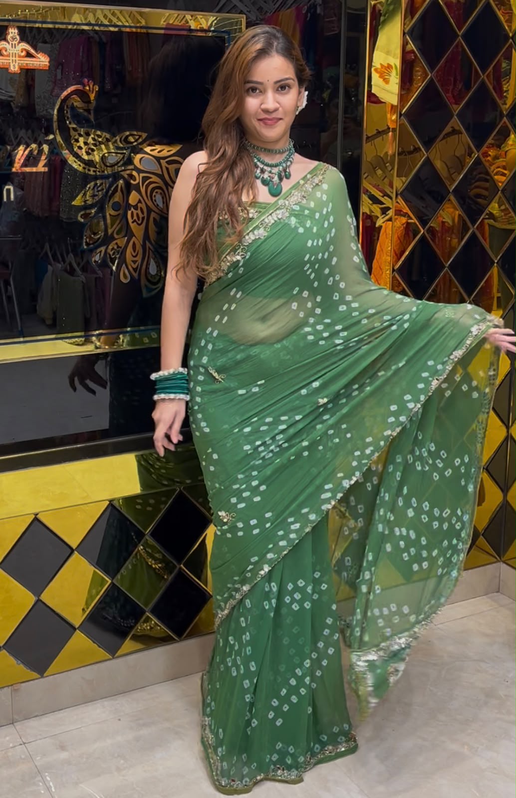 Green Bandhej Mirror Designer Saree (S74)