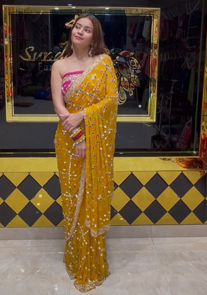 Yellow Bandhej Pearl & Mirror Handcrafted Saree (391)