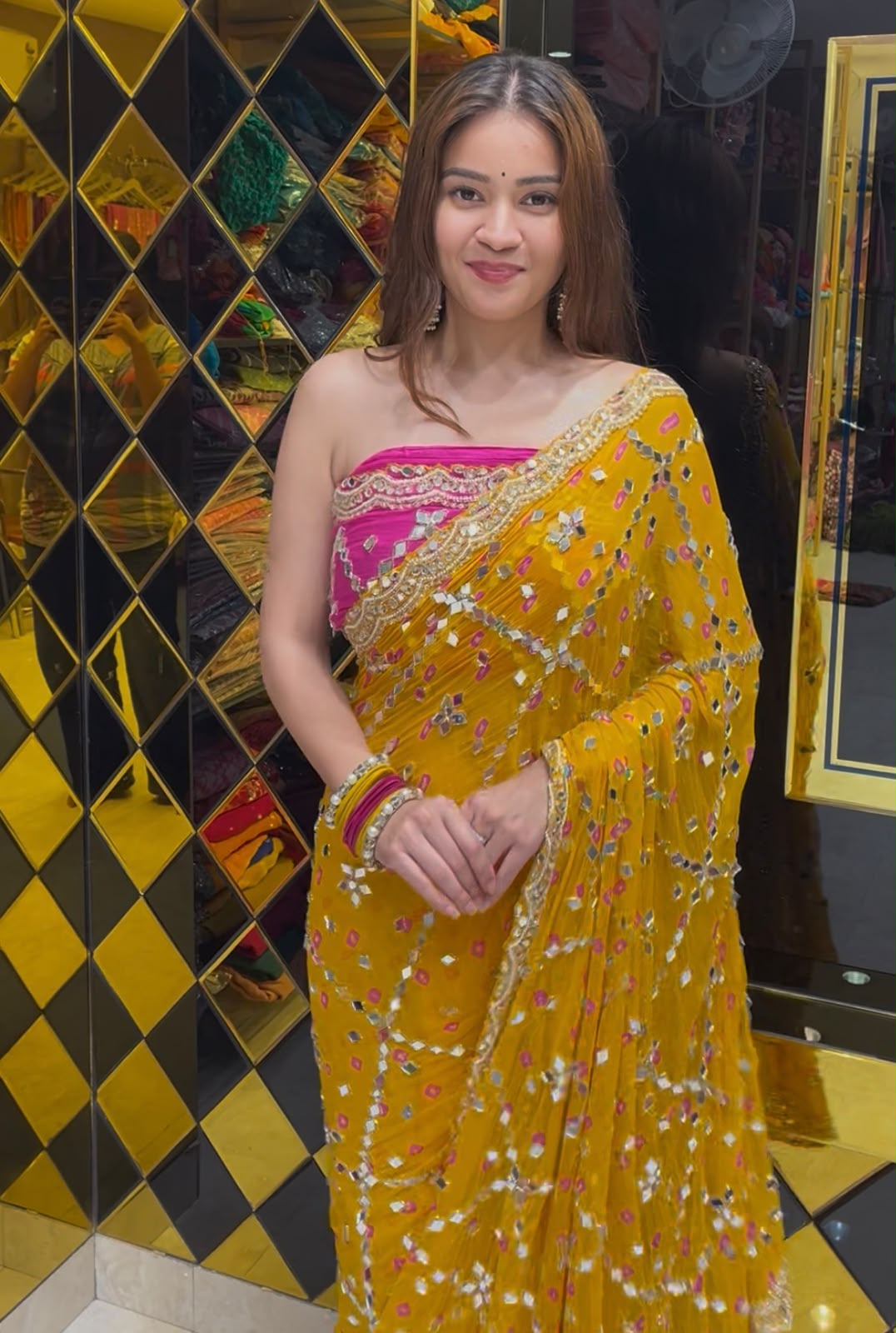 Yellow Bandhej Pearl & Mirror Handcrafted Saree (391)