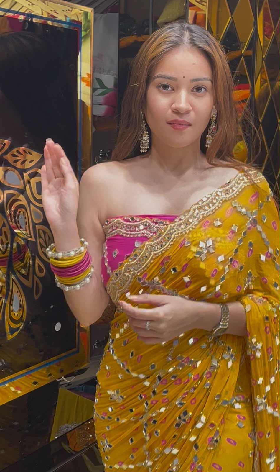 Yellow Bandhej Pearl & Mirror Handcrafted Saree (391)