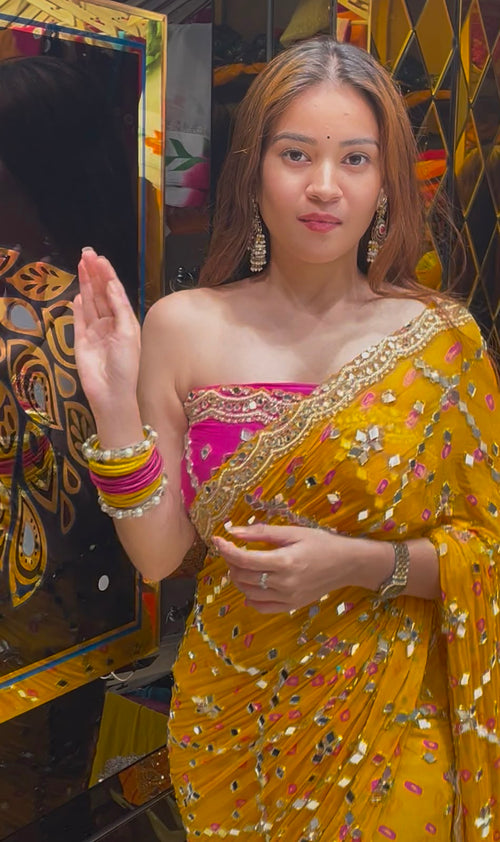 Yellow Bandhej Pearl & Mirror Handcrafted Saree (391)