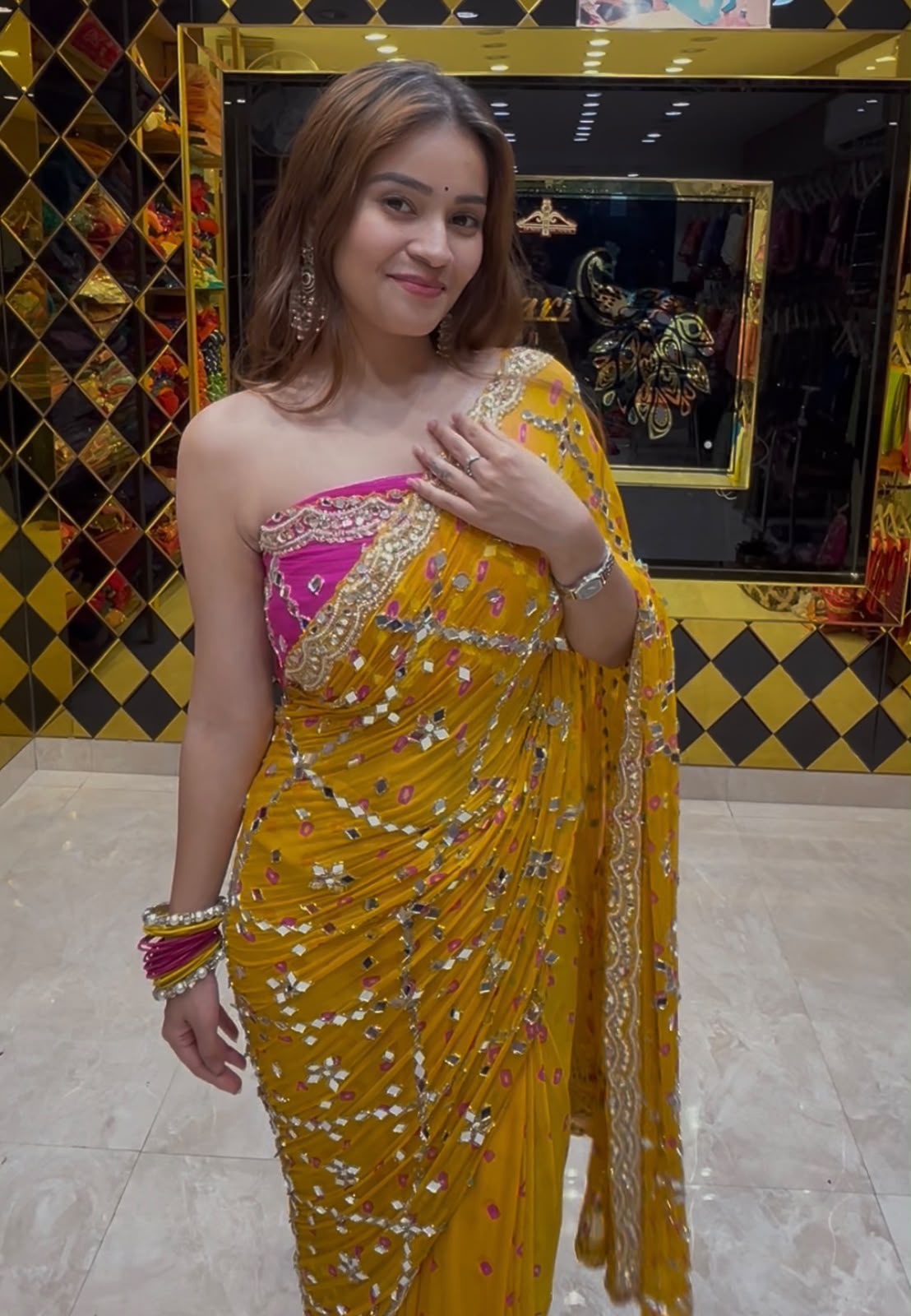 Yellow Bandhej Pearl & Mirror Handcrafted Saree (391)