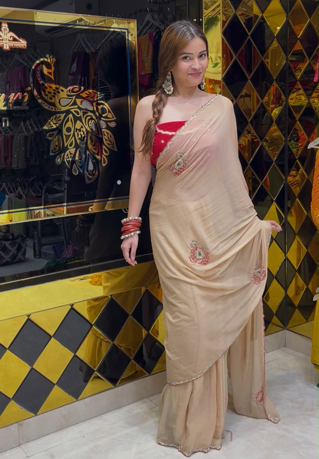 Beige Sequence Katdana Diamond Handcrafted Saree (S76)