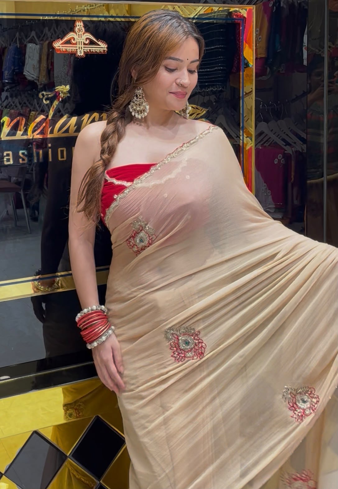 Beige Sequence Katdana Diamond Handcrafted Saree (S76)