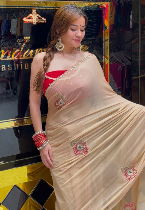 Beige Sequence Katdana Diamond Handcrafted Saree (S76)
