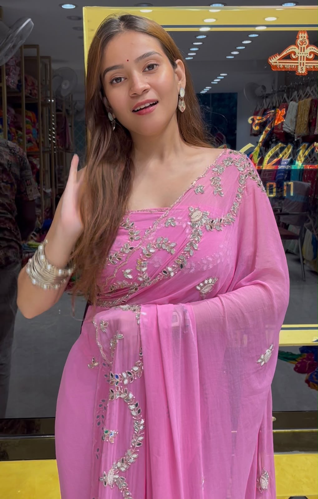 Pink Mirror & Pearl Designer Saree (S77)