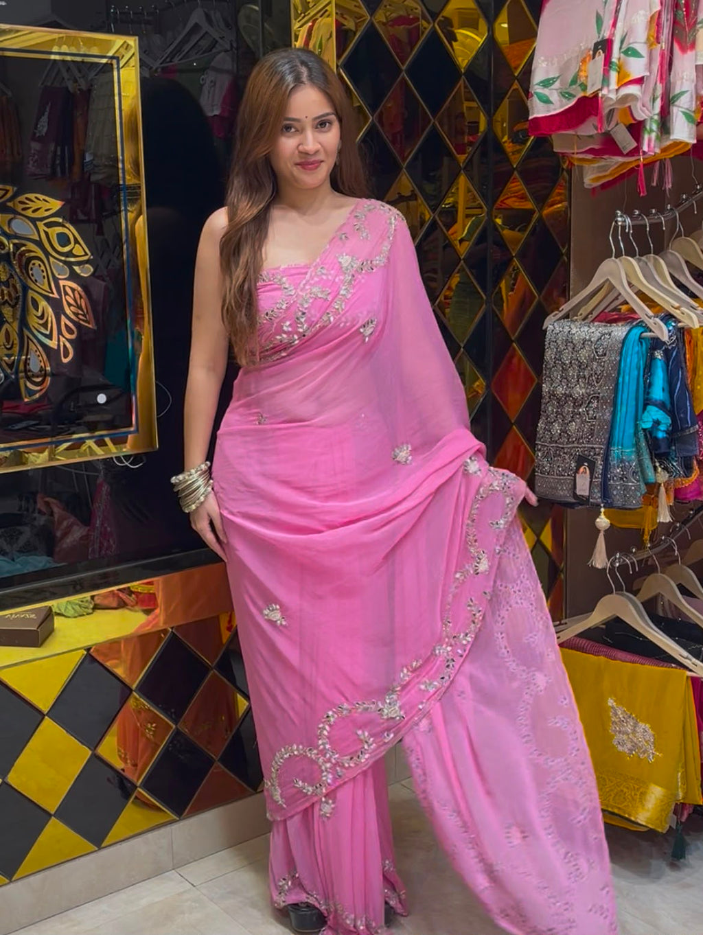 Pink Mirror & Pearl Designer Saree (S77)
