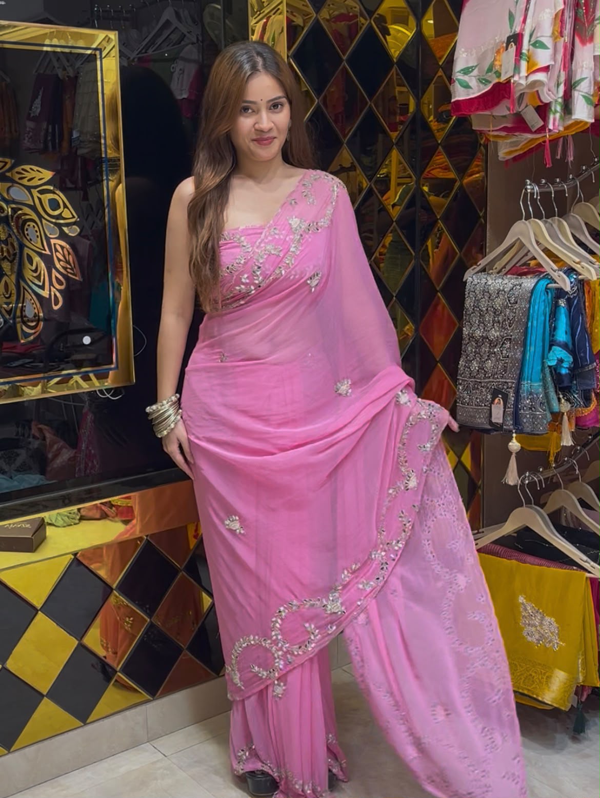 Pink Mirror & Pearl Designer Saree (S77)