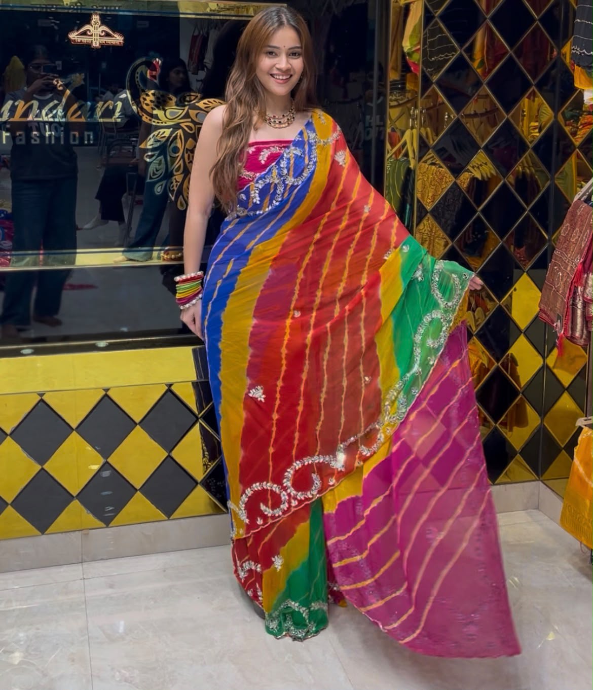 Multi Lehriya Mirror and pearl designer saree (394)