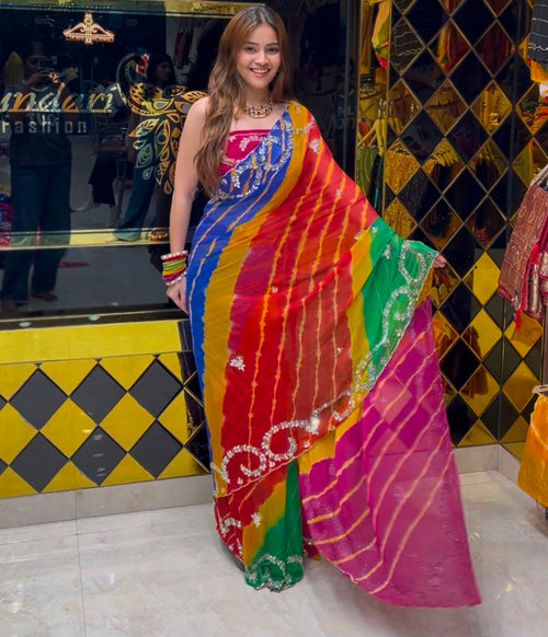 Multi Lehriya Mirror and pearl designer saree (394)
