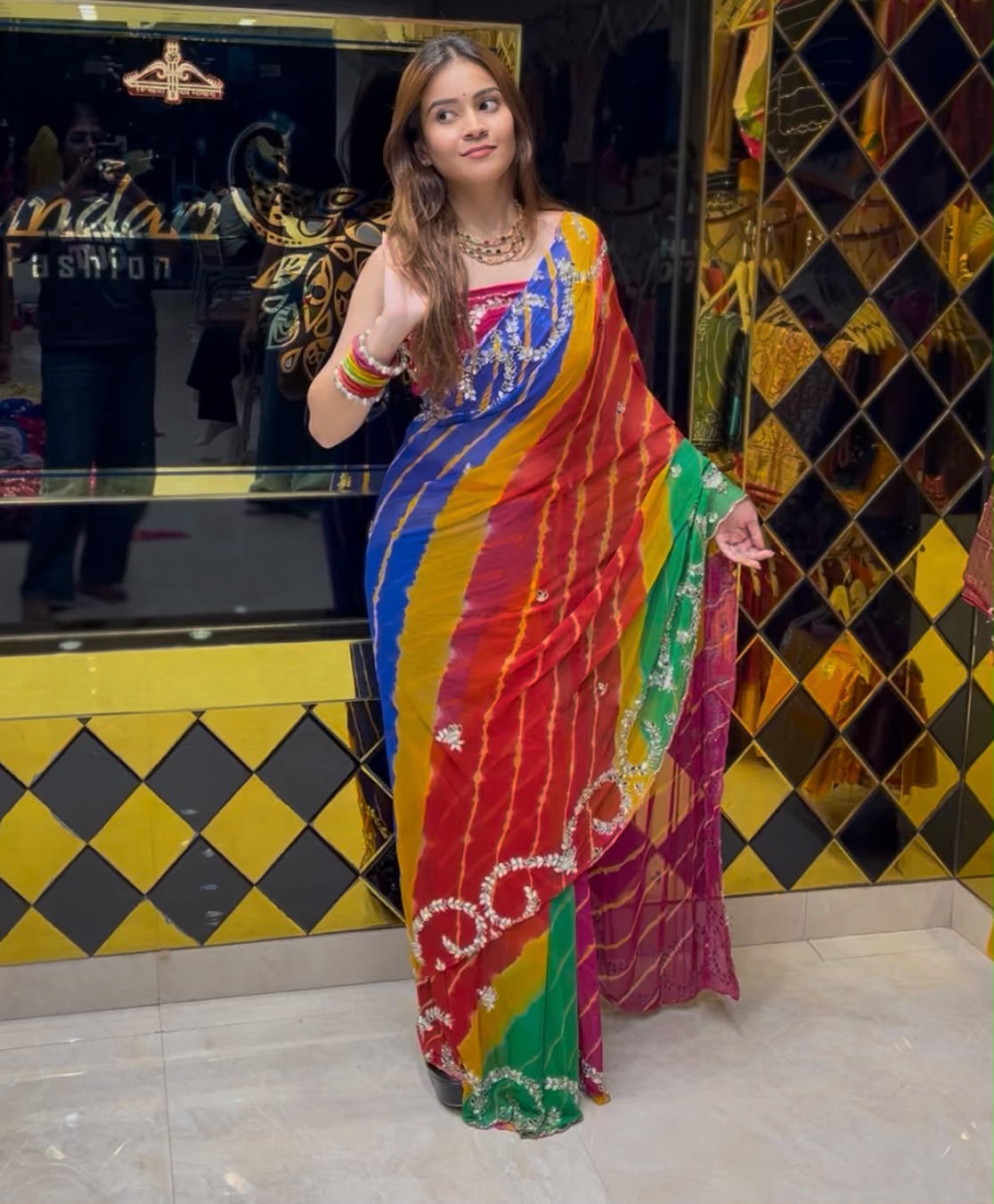 Multi Lehriya Mirror and pearl designer saree (394)