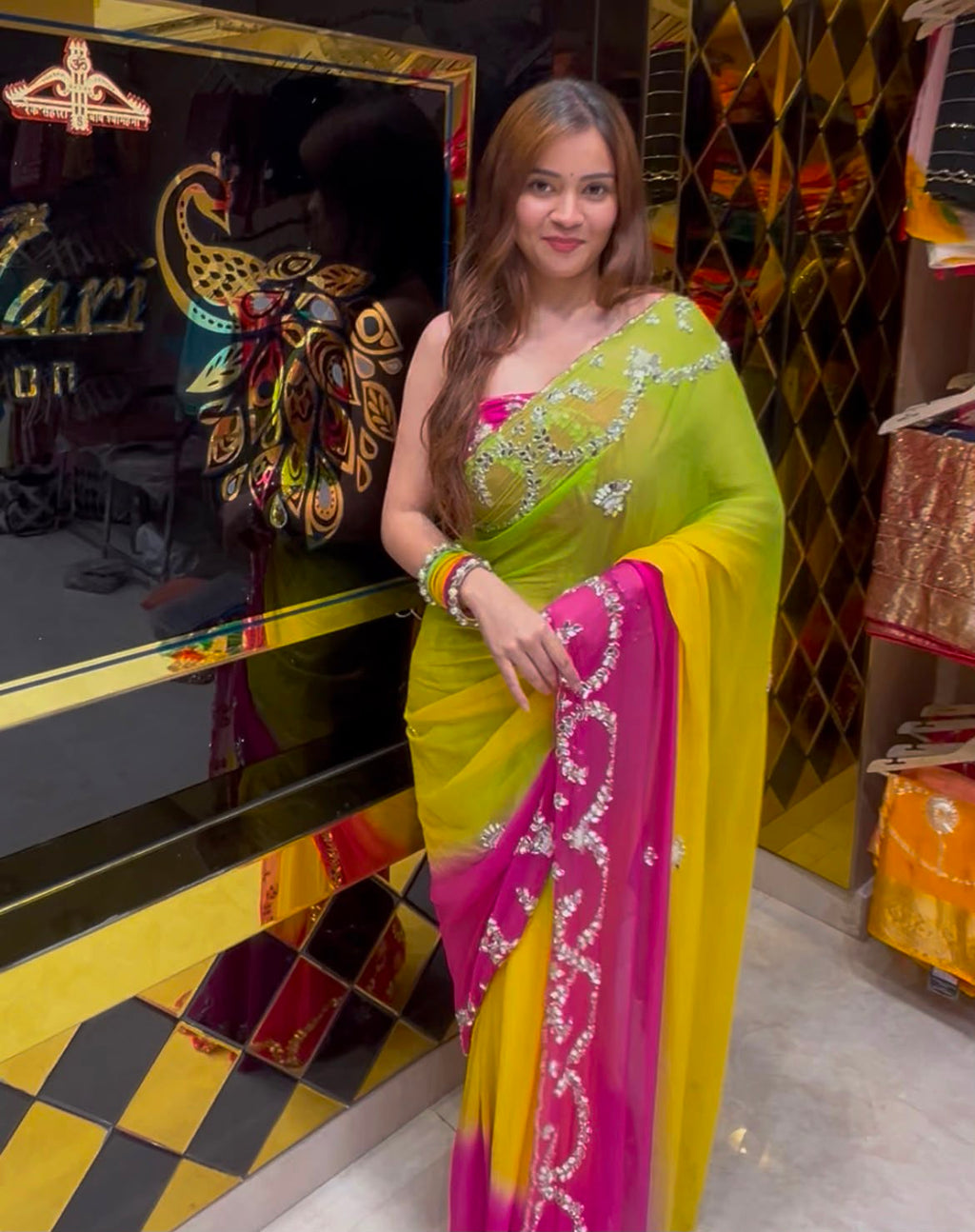 Multi Pastel Mirror & Pearl Designer Saree (S79)