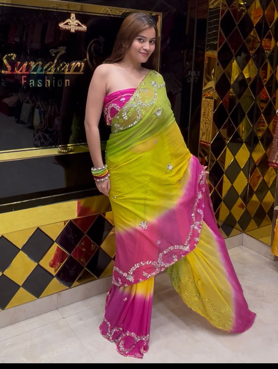 Multi Pastel Mirror & Pearl Designer Saree (S79)