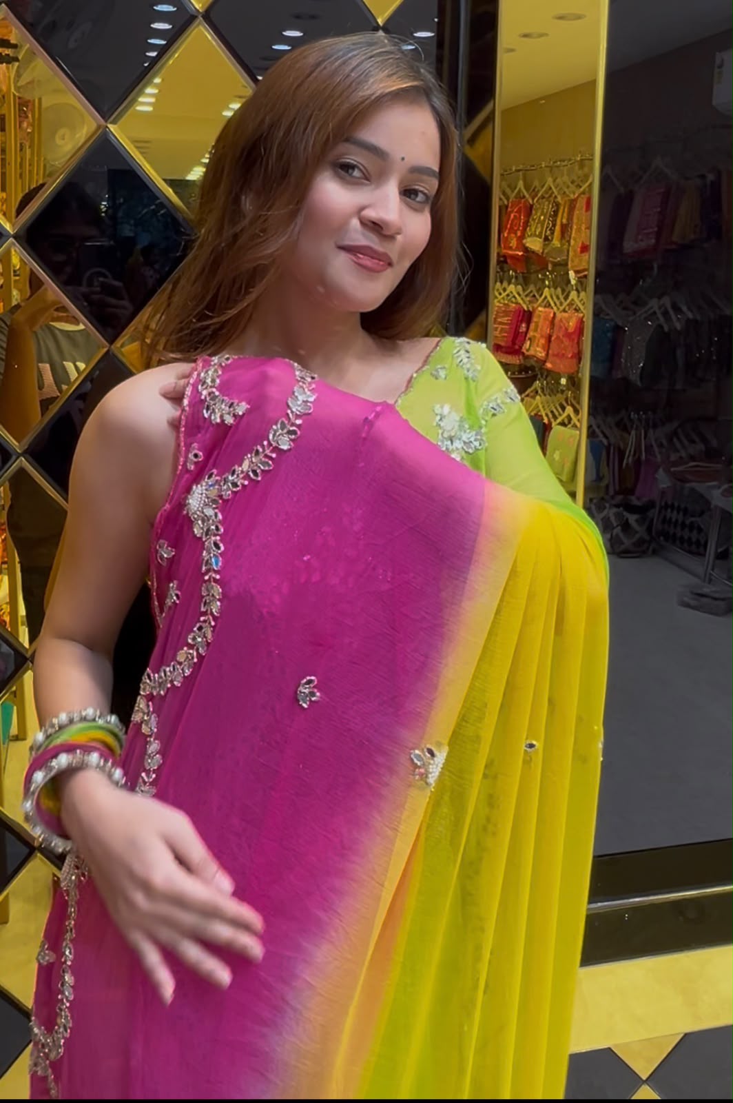 Multi Pastel Mirror & Pearl Designer Saree (S79)