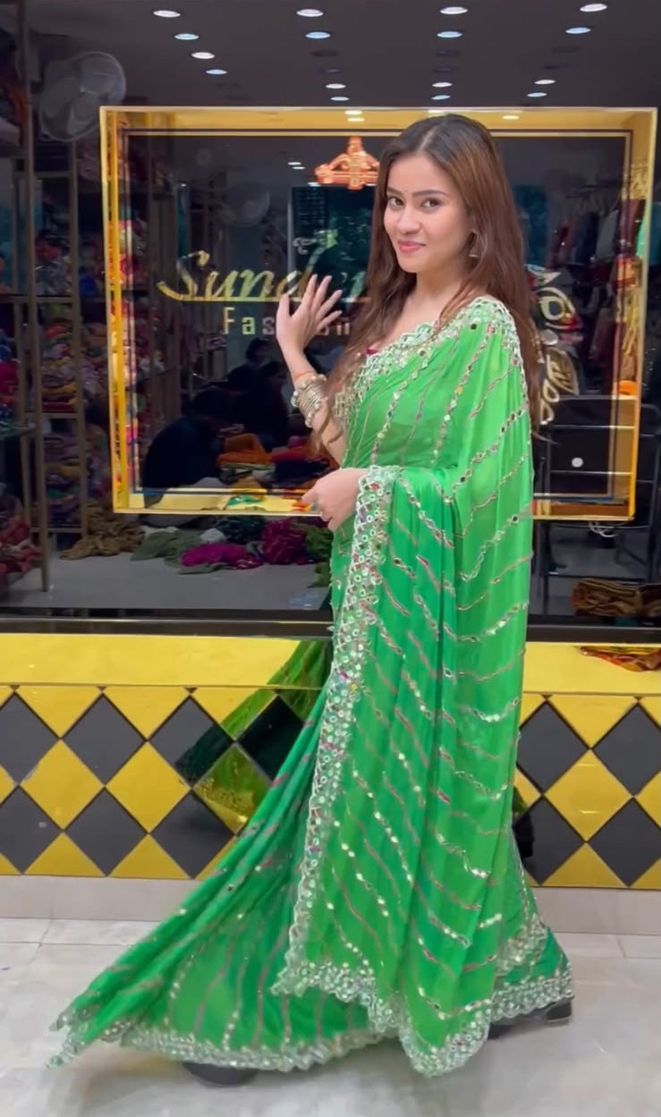 Parrot Green Pearl & Mirror Designer Saree (396)
