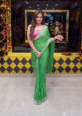 Parrot Green Pearl & Mirror Designer Saree (396)