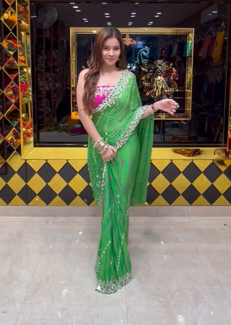 Parrot Green Pearl & Mirror Designer Saree (396)