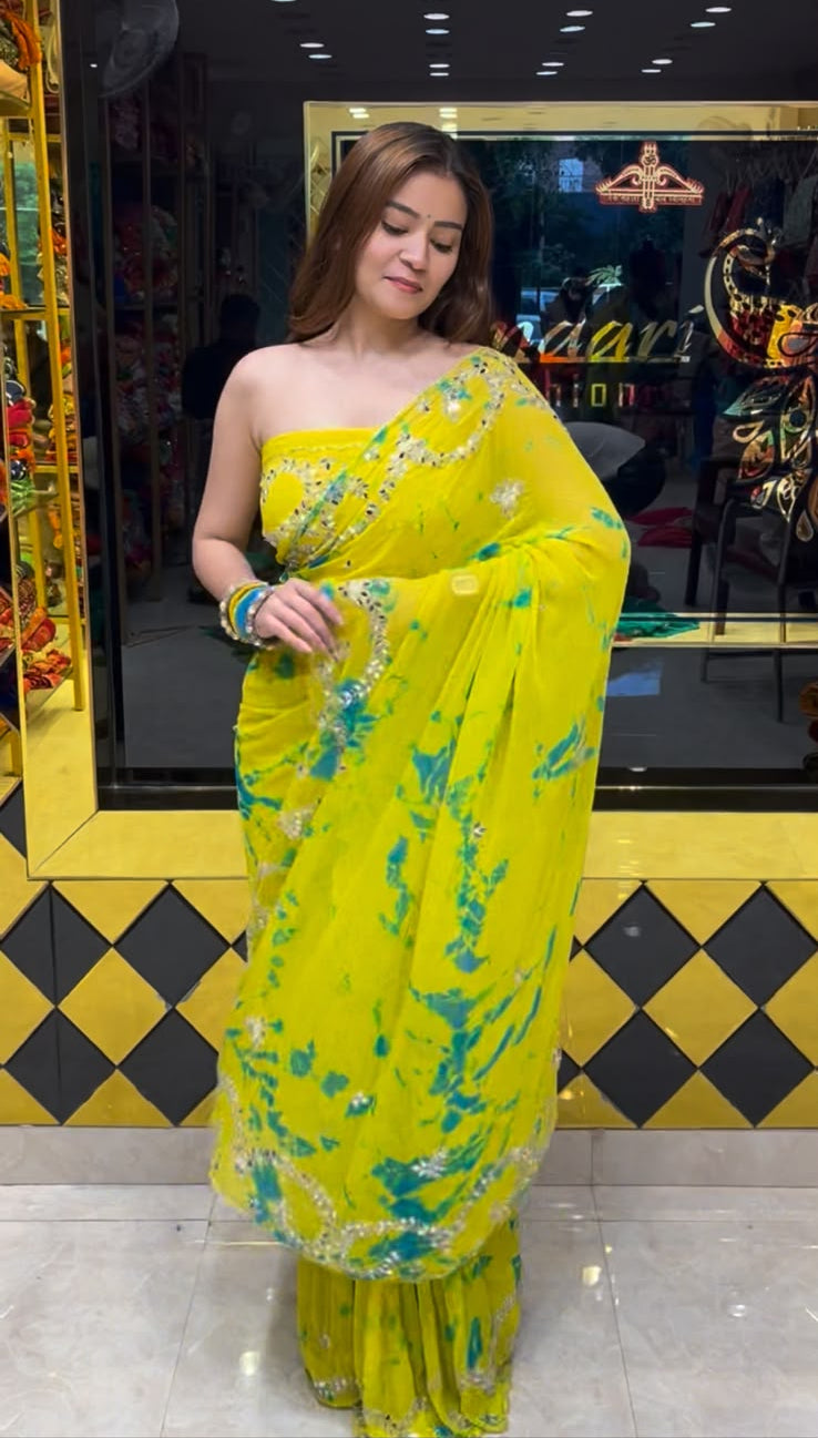 Pastel Yellow Mirror & Pearl Designer Saree (S81)