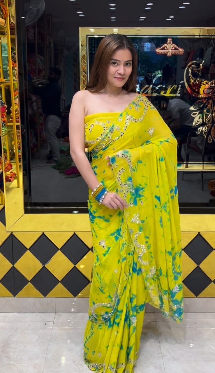 Pastel Yellow Mirror & Pearl Designer Saree (S81)
