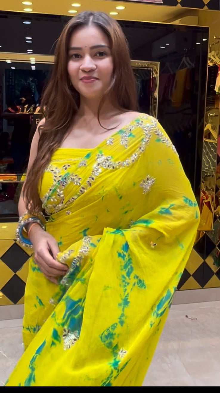 Pastel Yellow Mirror & Pearl Designer Saree (S81)