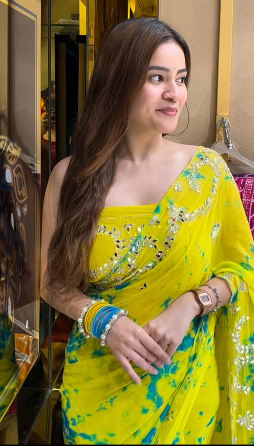 Pastel Yellow Mirror & Pearl Designer Saree (S81)