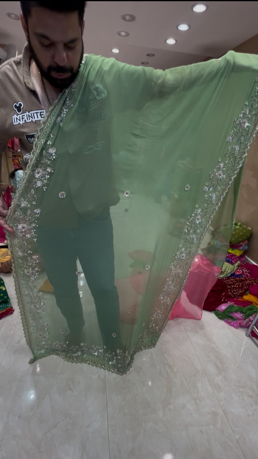 Pista Green & Pink Pearl Handwork Saree (400)