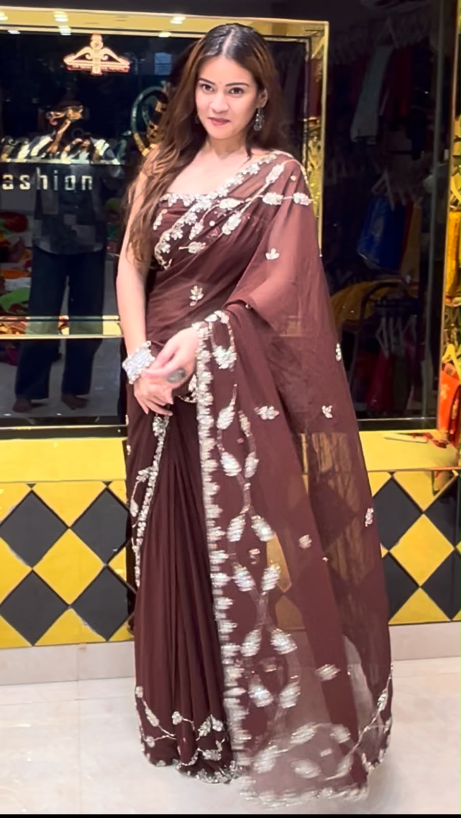 Coffee Brown Katdana & Mirror Handcrafted Saree (401)