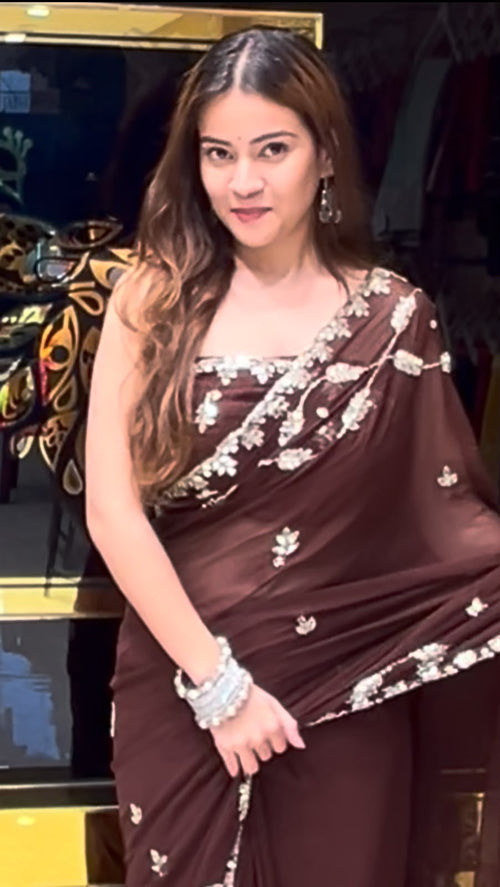 Coffee Brown Katdana & Mirror Handcrafted Saree (401)