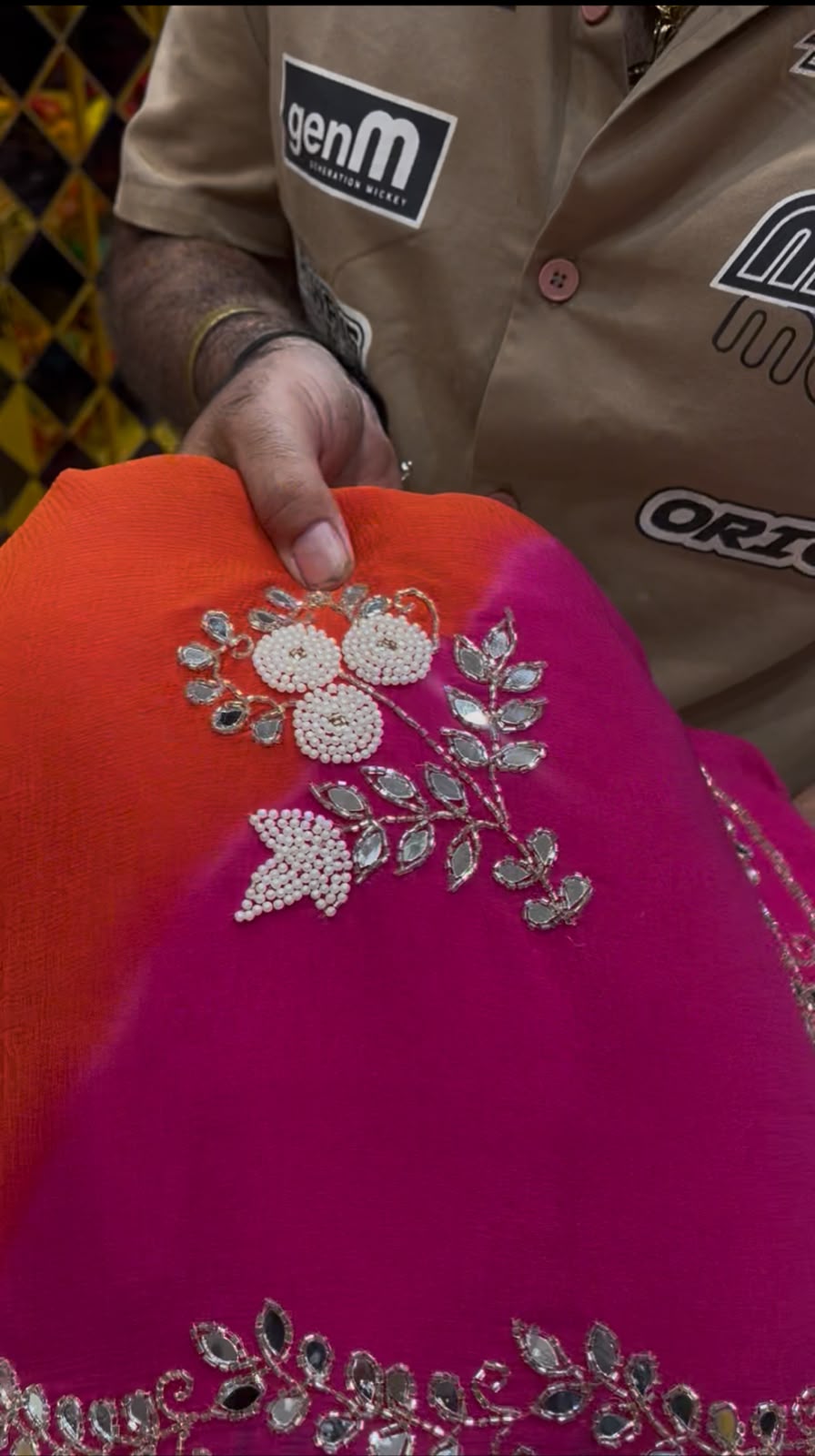 Rani & Orange Mirror Handcrafted Saree (S84)