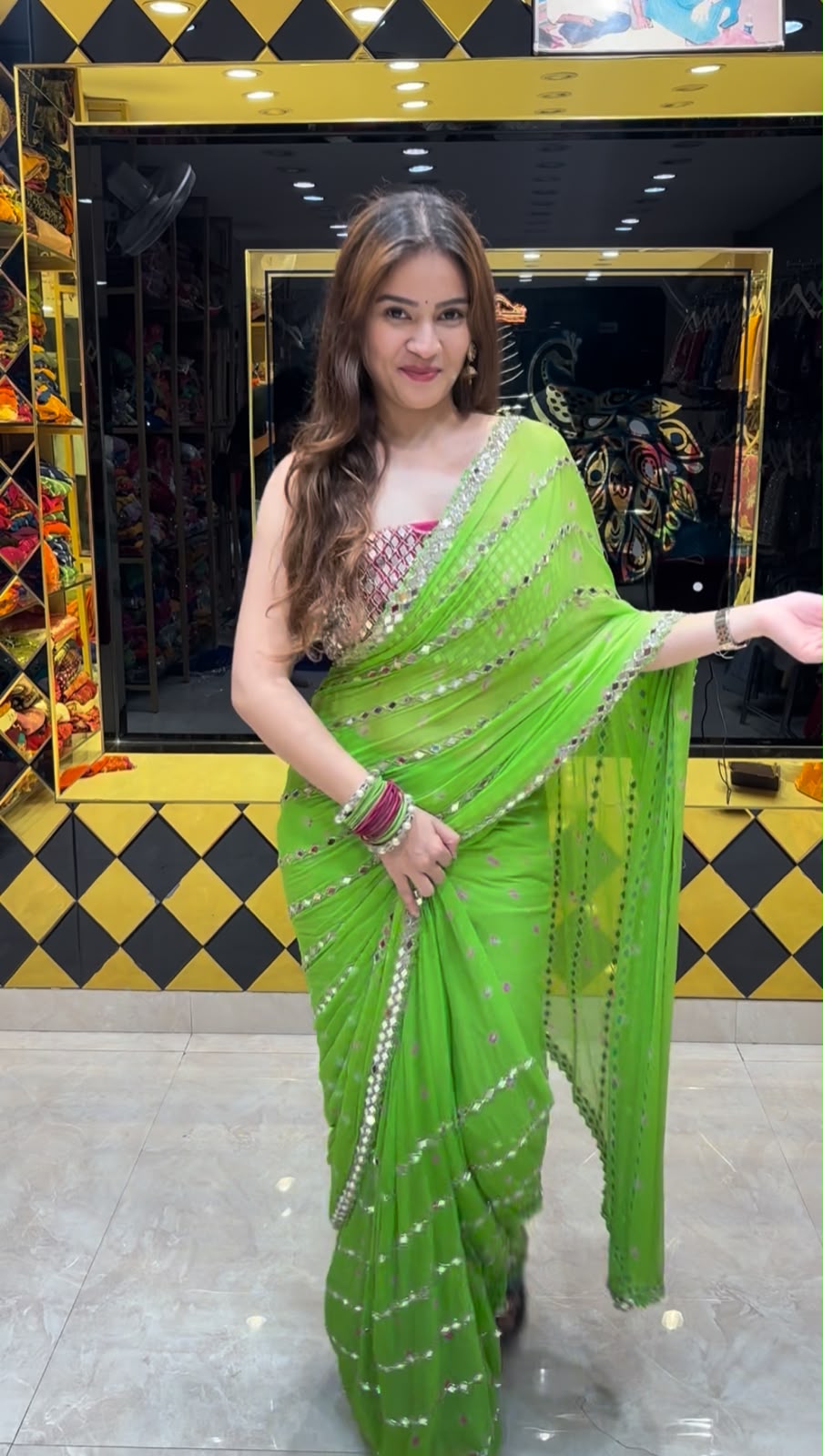 Green  Bandhani Mirror Work Saree (402)