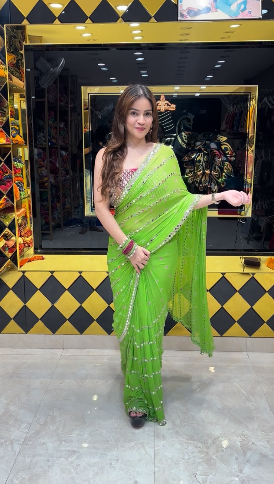 Green  Bandhani Mirror Work Saree (402)