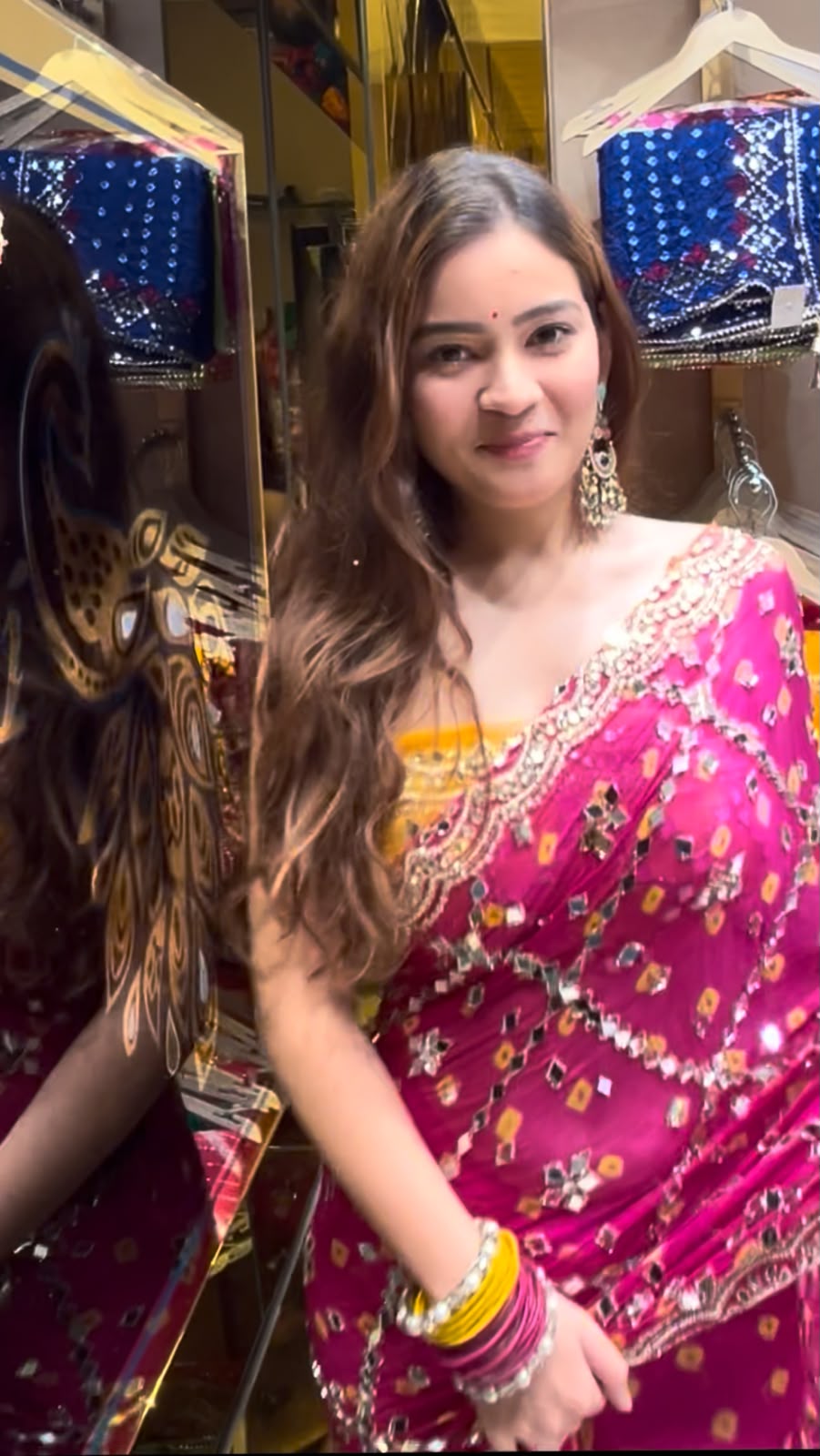 Rani Pink Bandhej Pearl & Mirror Handcrafted Saree (406)