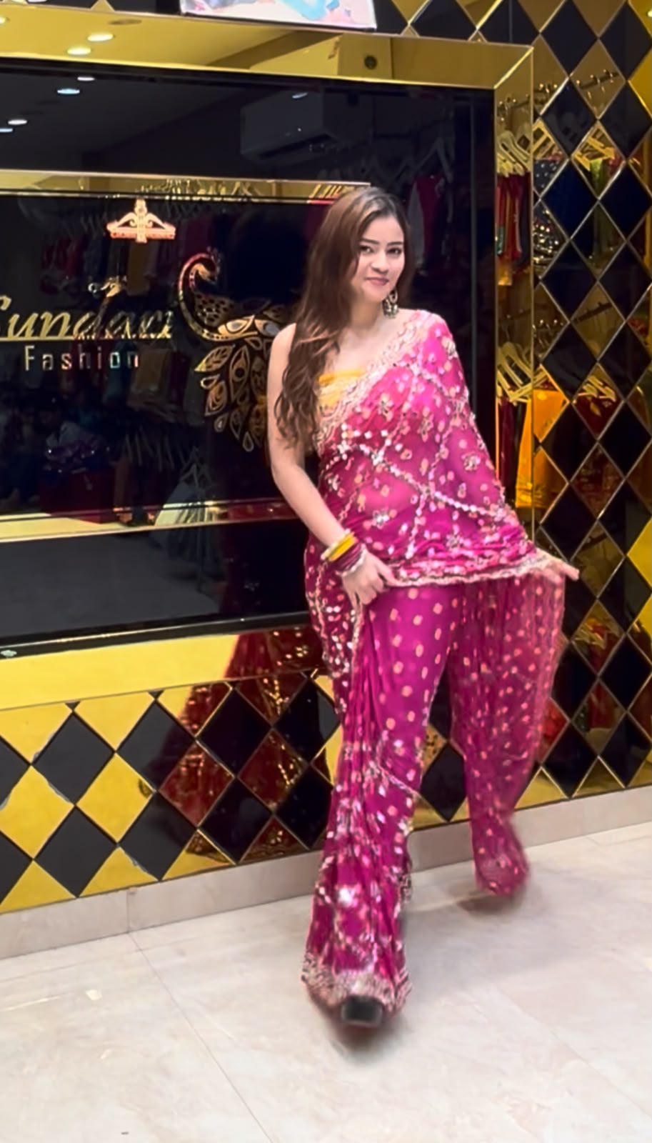 Rani Pink Bandhej Pearl & Mirror Handcrafted Saree (406)
