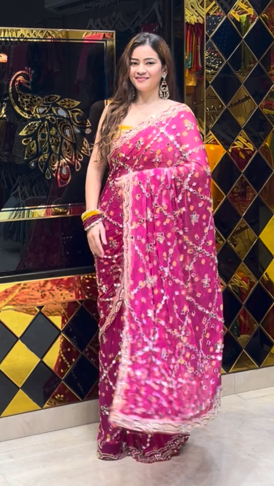 Rani Pink Bandhej Pearl & Mirror Handcrafted Saree (406)